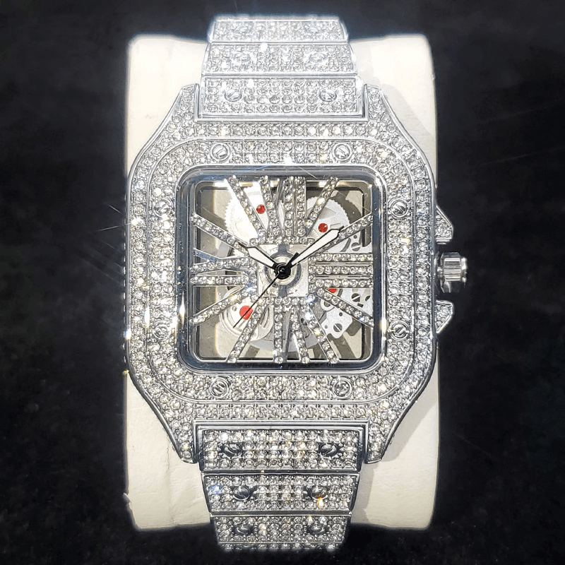 Iced Tonneau Skeleton Watch - White Gold - Palm Jewellers