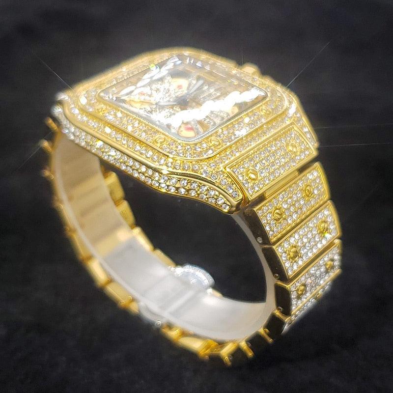 Iced Tonneau Skeleton Watch - Yellow Gold - Palm Jewellers