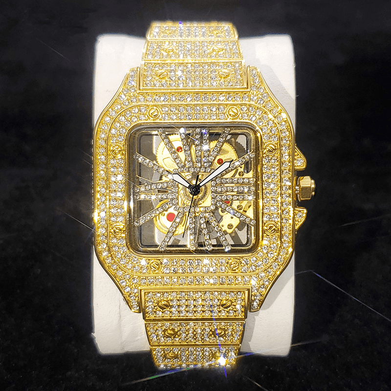 Iced Tonneau Skeleton Watch - Yellow Gold - Palm Jewellers