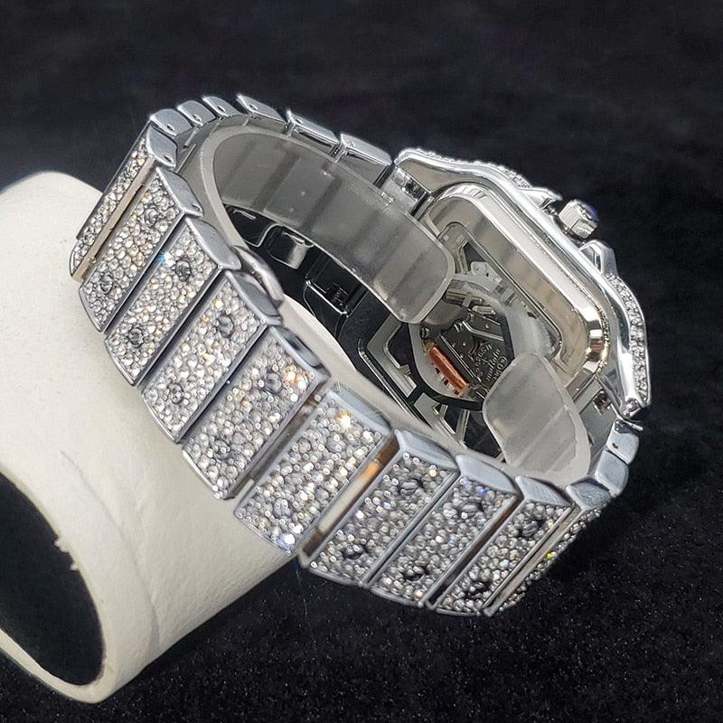 Iced Tonneau Skeleton Watch - White Gold - Palm Jewellers