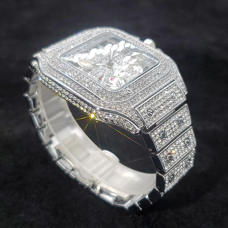 Iced Tonneau Skeleton Watch - White Gold - Palm Jewellers