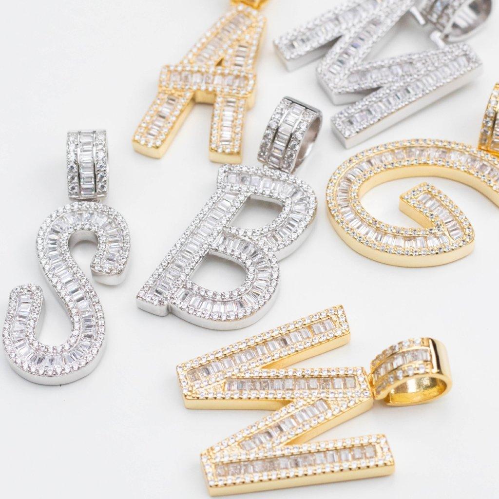 Iced Out Baguette Letter Pendant With 4mm Tennis Chain - Palm Jewellers