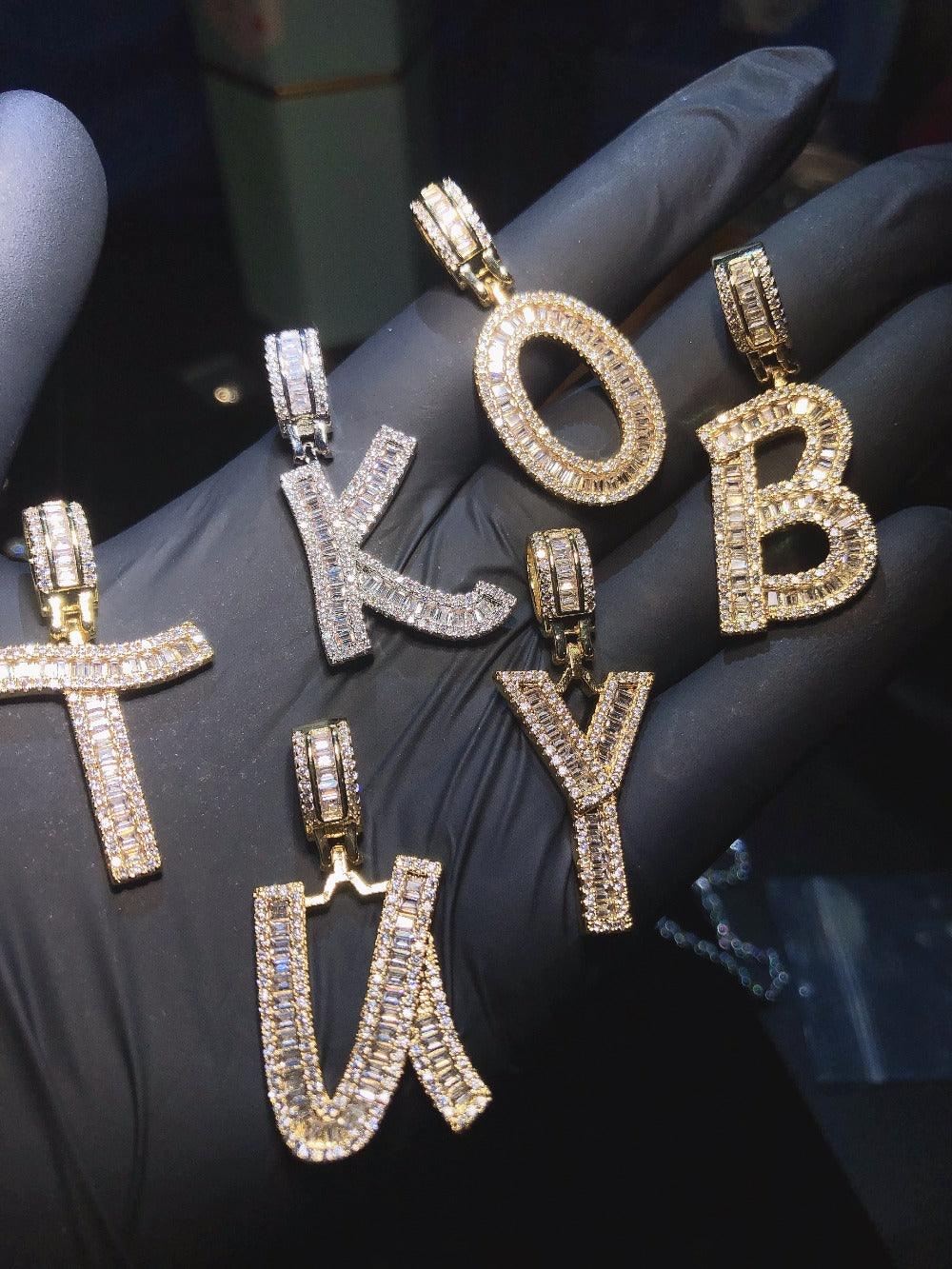 Iced Out Baguette Letter Pendant With 4mm Tennis Chain - Palm Jewellers