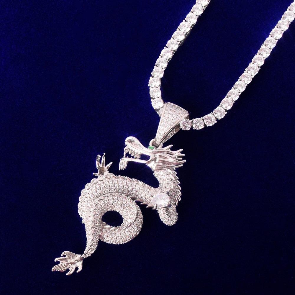 Iced Out Dragon Pendant With 4mm Tennis Chain - Palm Jewellers