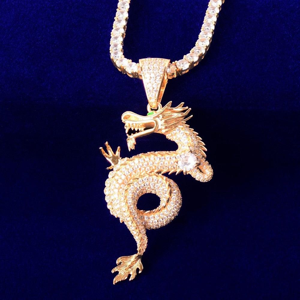 Iced Out Dragon Pendant With 4mm Tennis Chain - Palm Jewellers