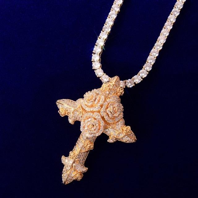 Iced Out Flower Cross Pendant With 4mm Tennis Chain - Palm Jewellers