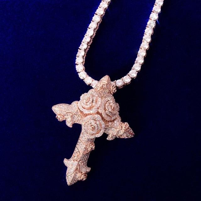 Iced Out Flower Cross Pendant With 4mm Tennis Chain - Palm Jewellers