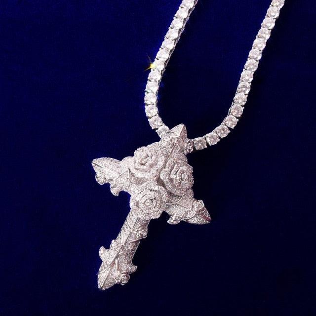 Iced Out Flower Cross Pendant With 4mm Tennis Chain - Palm Jewellers