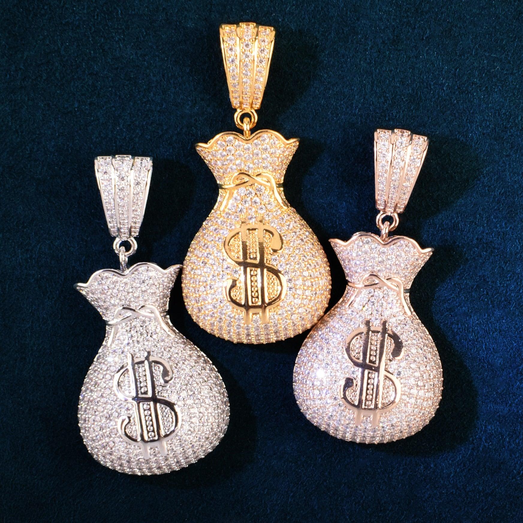 Iced Money Bag Pendant With 4mm Tennis Chain - Palm Jewellers