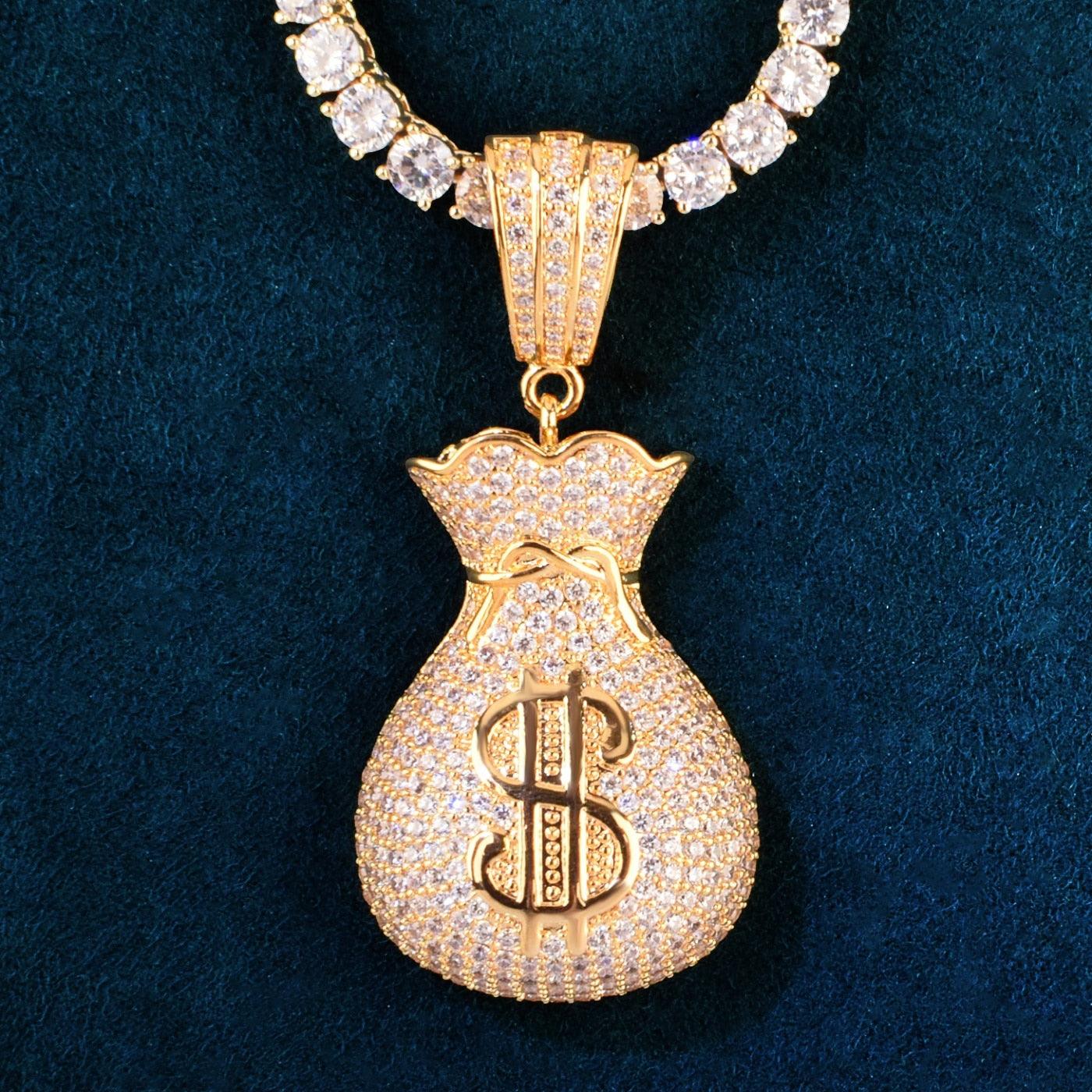 Iced Money Bag Pendant With 4mm Tennis Chain - Palm Jewellers
