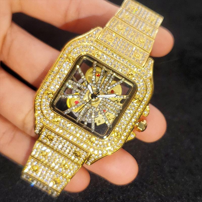 Iced Tonneau Skeleton Watch - Yellow Gold - Palm Jewellers