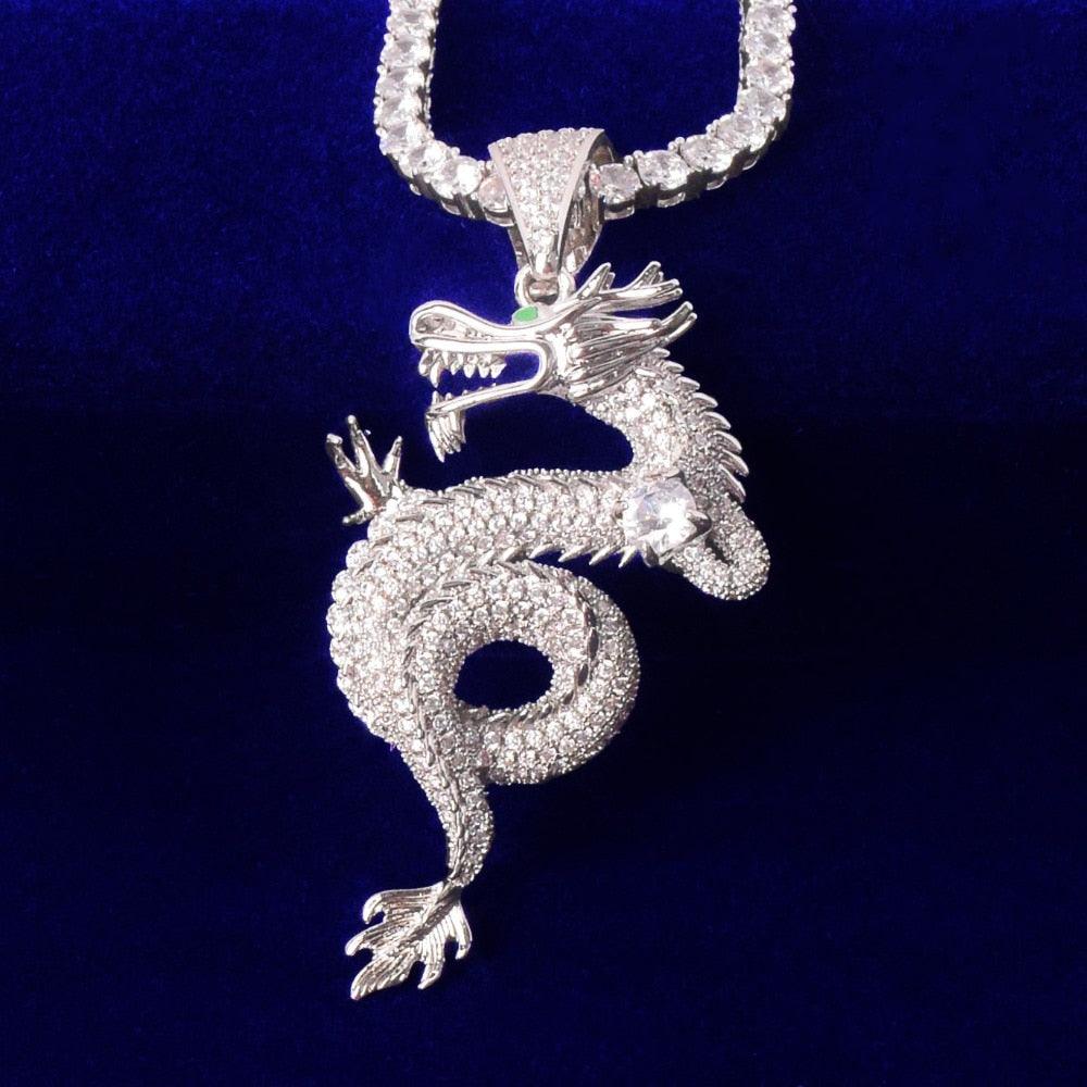 Iced Out Dragon Pendant With 4mm Tennis Chain - Palm Jewellers