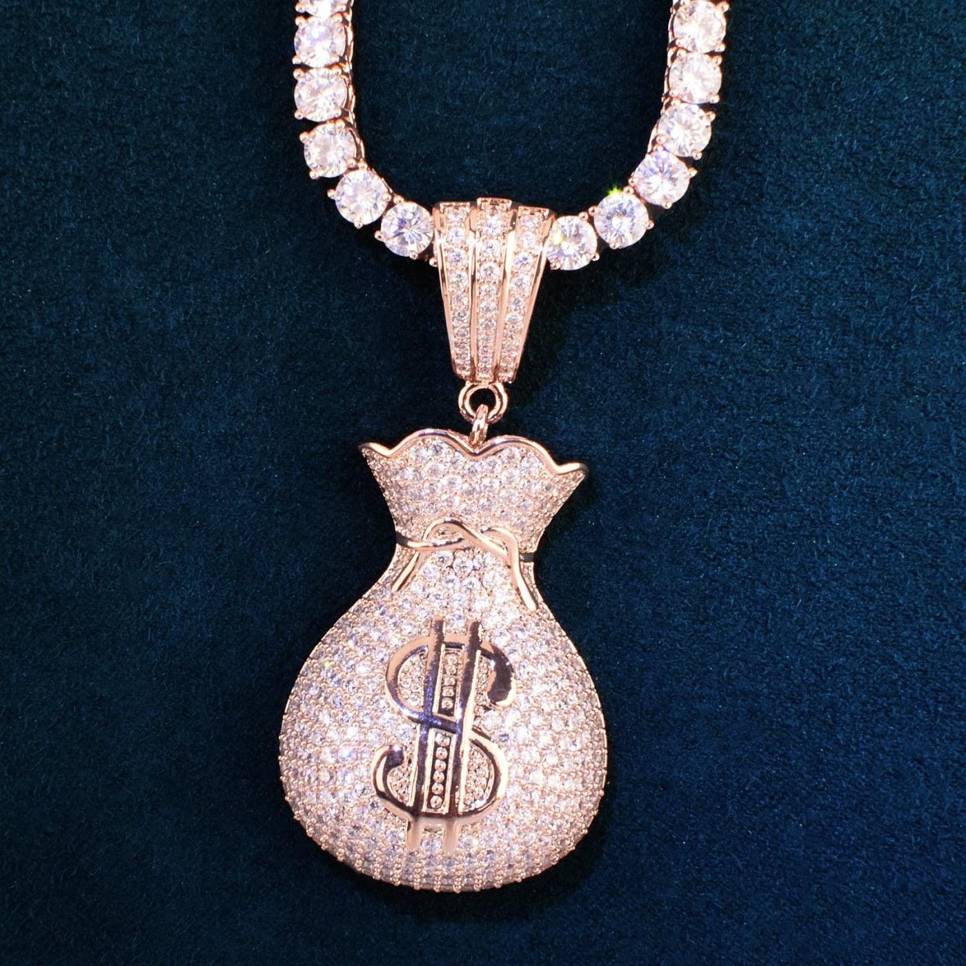 Iced Money Bag Pendant With 4mm Tennis Chain - Palm Jewellers