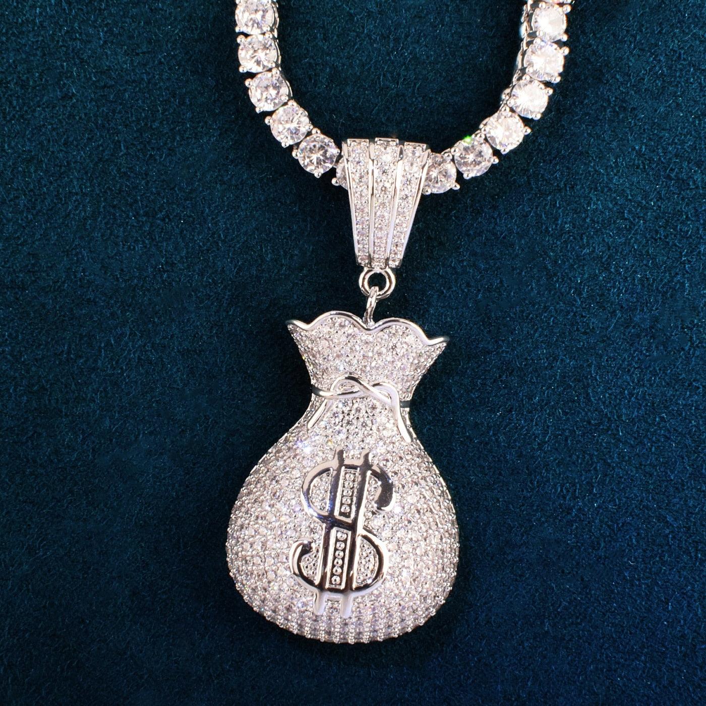 Iced Money Bag Pendant With 4mm Tennis Chain - Palm Jewellers